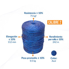 Rollo de rafia fibrilada azul, calibre 2, 0.5 kg, con especificaciones de peso y rendimiento