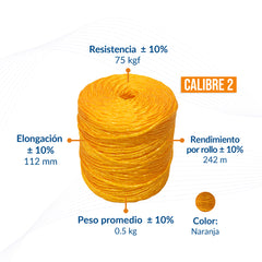 Rollo de rafia fibrilada naranja, calibre 2, 0.5 kg, con especificaciones de peso y rendimiento
