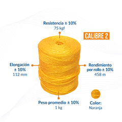 Rollo de rafia fibrilada naranja, calibre 2, 1 kg, con especificaciones de peso y rendimiento