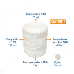Rollo de rafia fibrilada blanco natural, calibre 2, 1 kg, con especificaciones de peso y rendimiento