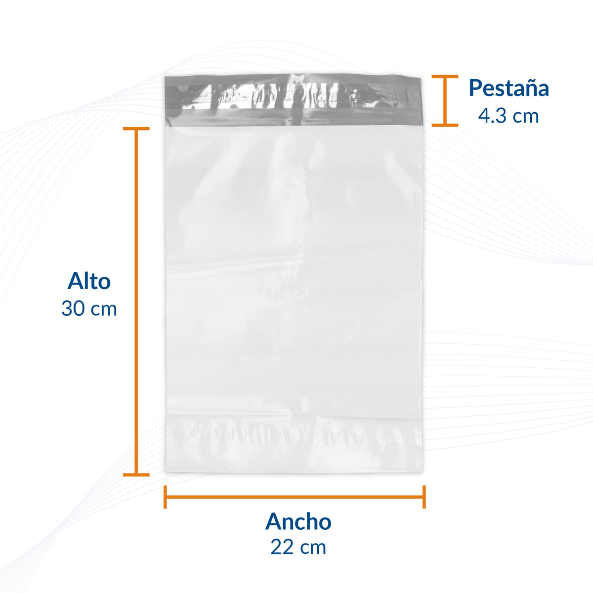 Diagrama de bolsas para envíos con indicaciones de ancho y altura.