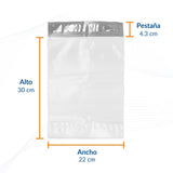 Diagrama de bolsas para envíos con indicaciones de ancho y altura.