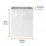 Diagrama de bolsas para envíos con indicaciones de ancho y altura.
