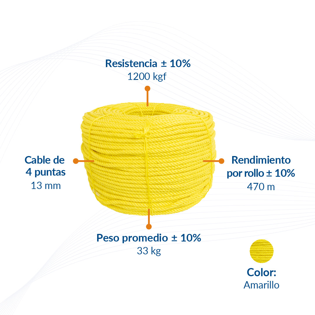 Cable de Polipropileno de 13 mm con 4 puntas amarillo