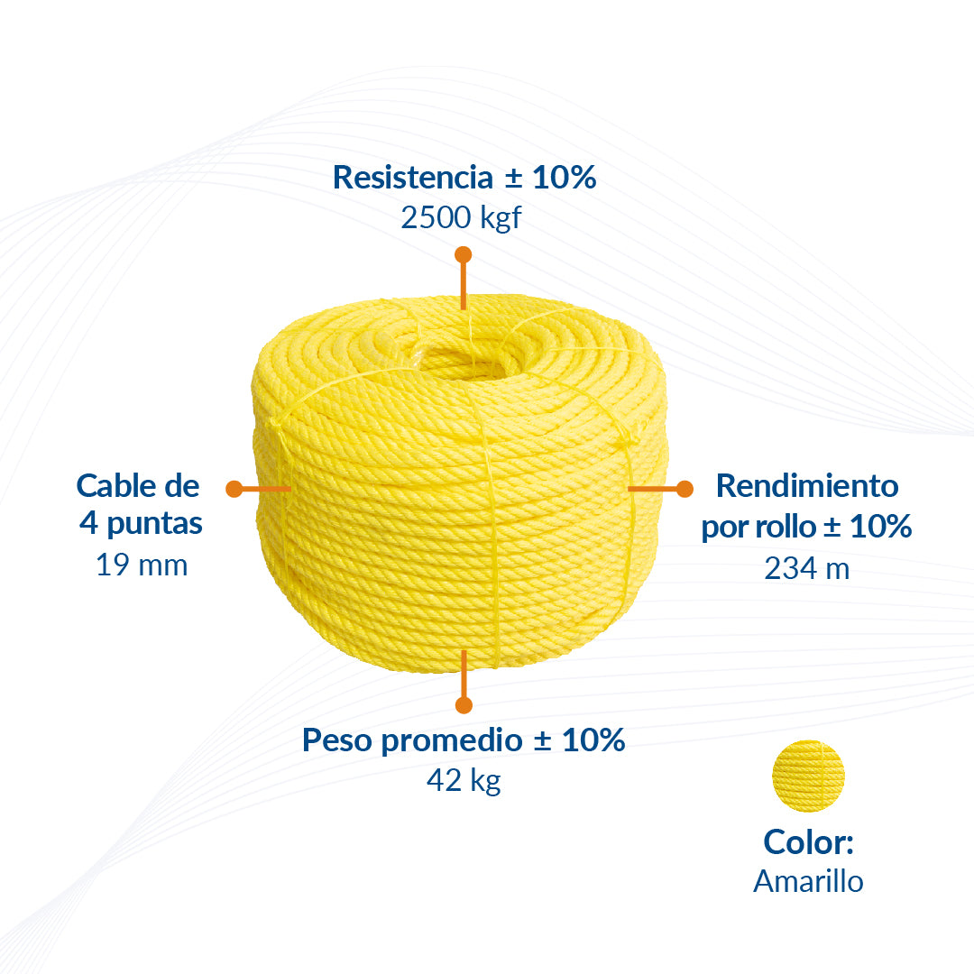 Cable de Polipropileno de 19 mm con 4 puntas amarillo