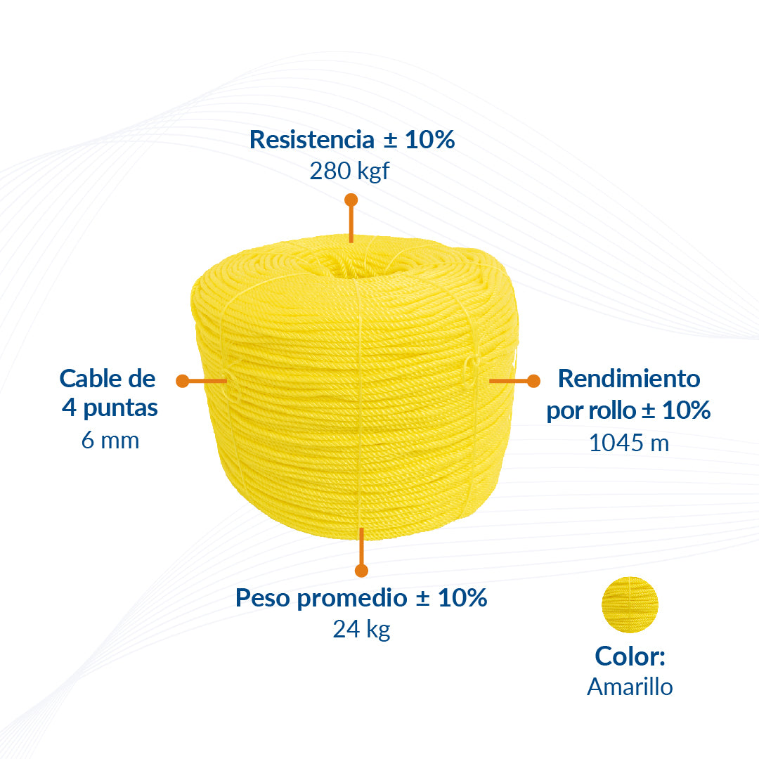 Cable de Polipropileno de 6 mm con 4 Puntas amarillo