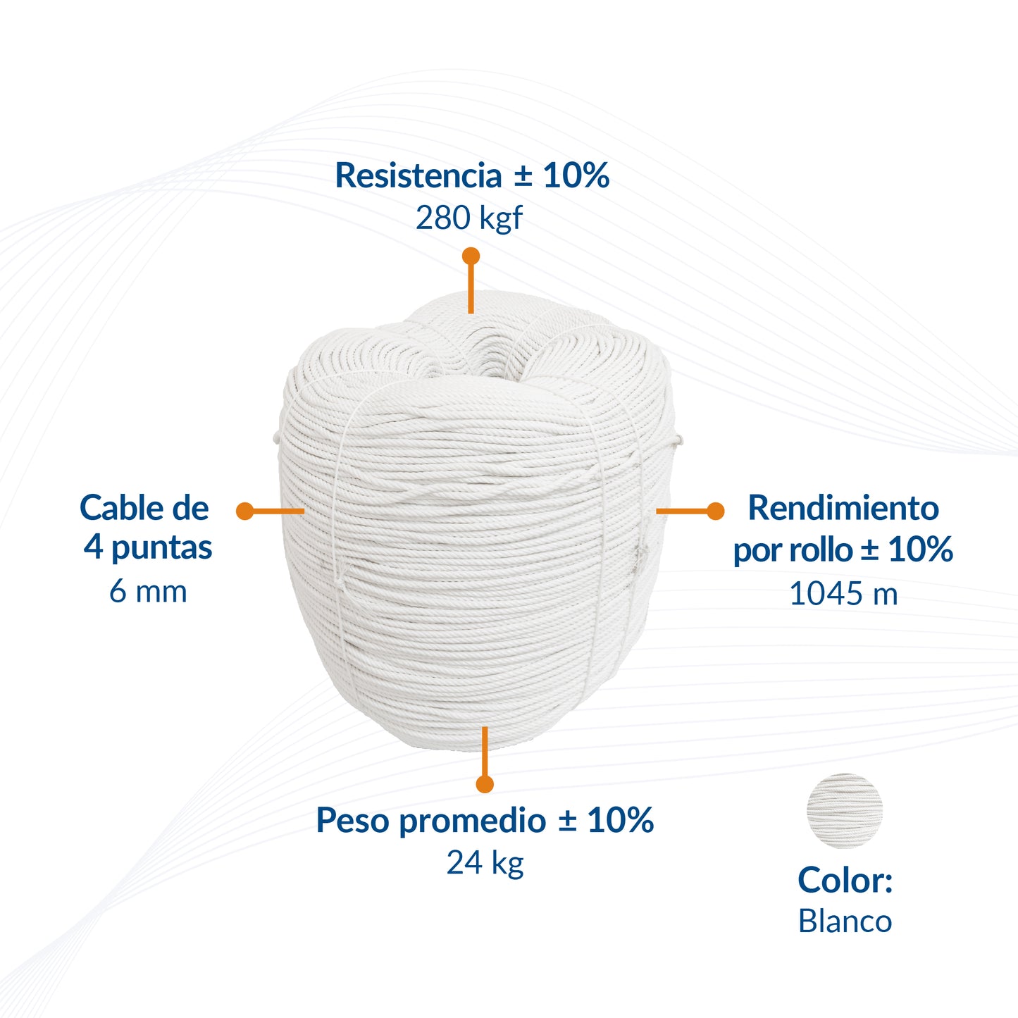 Cable de Polipropileno de 6 mm con 4 Puntas blanco