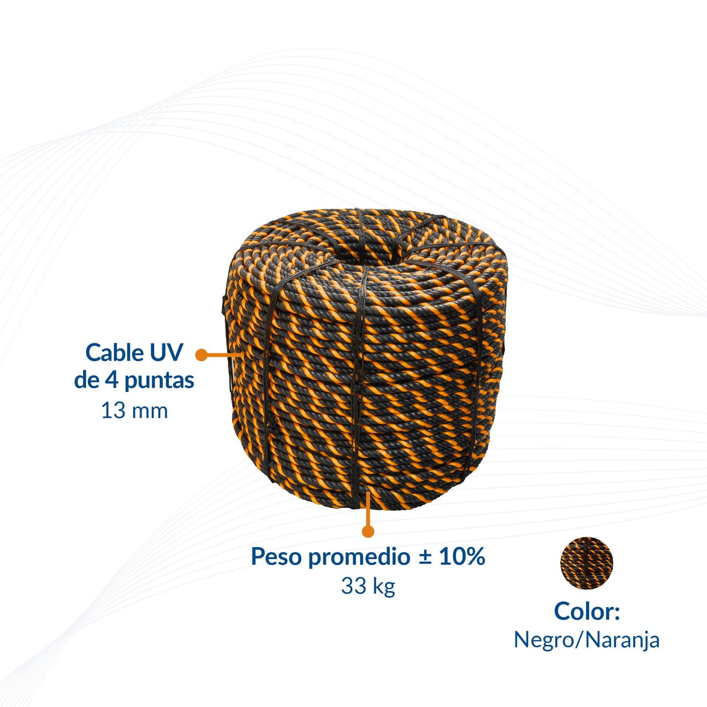 Cable de Polipropileno UV 11 mm 4 puntas Negro/Naranja