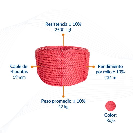 Cable de Polipropileno de 19 mm con 4 puntas Rojo