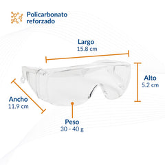 Medidas de los lentes reforzados: 15.8 cm de largo, 11.9 cm de ancho, 5.2 cm de alto y peso de 30 a 40 g.