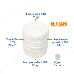 Rollo de rafia fibrilada blanco natural, calibre 2, 0.5 kg, con especificaciones de peso y rendimiento
