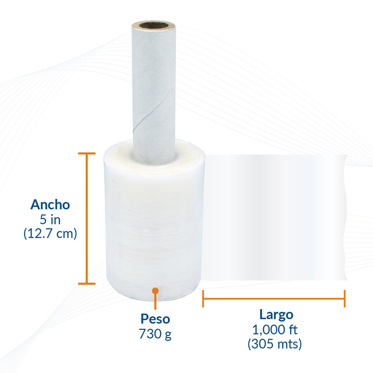 Diagrama de packsys Mini Rollos de Película Stretch con aplicador con indicaciones de ancho, largo y peso.