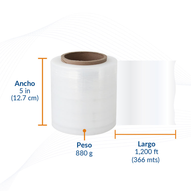 Diagrama de packsys Mini Rollos de Película Stretch con indicaciones de ancho, largo y peso.