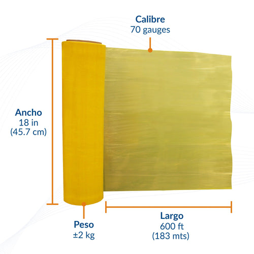 Medidas de película stretch color amarillo: 18 pulgadas, calibre 70 y 600 pies.