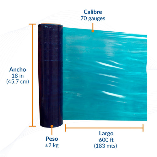 Medidas de película stretch color azul: 18 pulgadas, calibre 70 y 600 pies.
