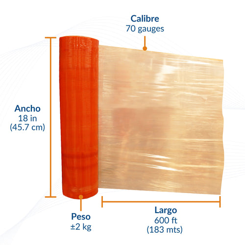 Medidas de película stretch color naranja: 18 pulgadas, calibre 70 y 600 pies.