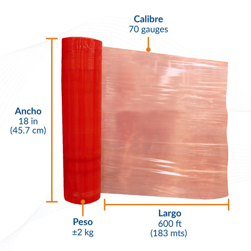 Medidas de película stretch color rojo: 18 pulgadas, calibre 70 y 600 pies.