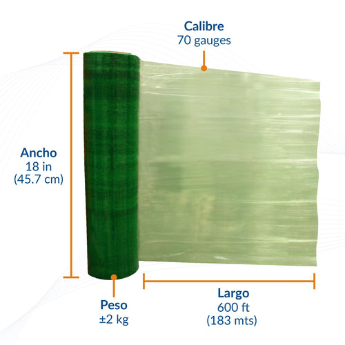 Medidas de película stretch color verde: 18 pulgadas, calibre 70 y 600 pies.