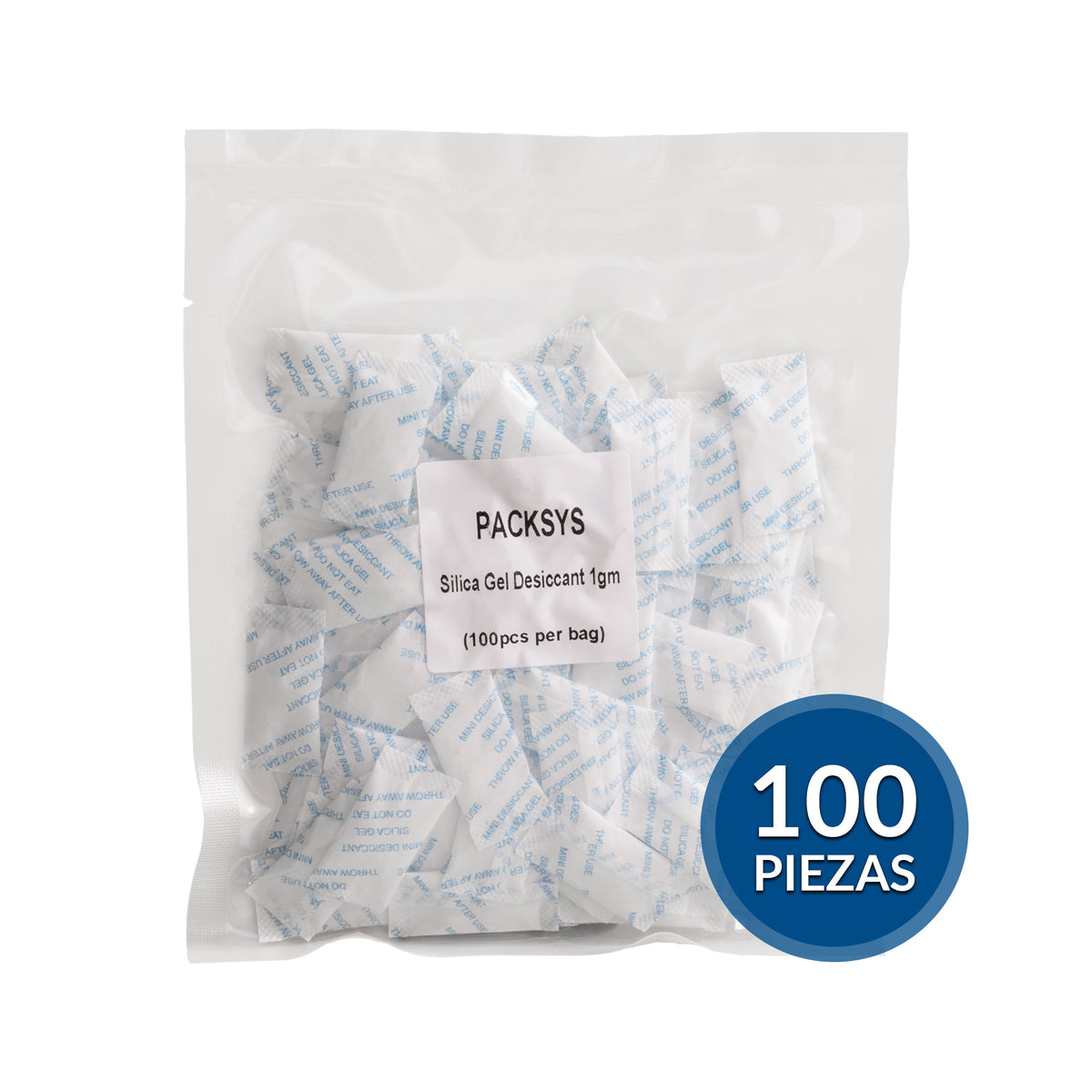 Sobres de silica gel de 1 gramo con indicación de 100 piezas.