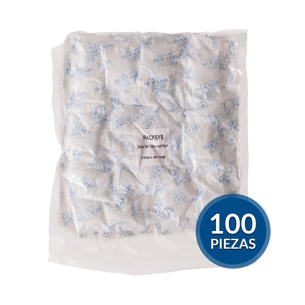 Sobres de silica gel de 5 gramos con indicación de 100 piezas.