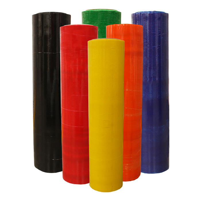 Rollos de película stretch manual en negro, rojo, amarillo, verde, naranja y azul