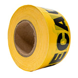 Rollo de cinta de precaución amarilla con letras negras, vista en perspectiva.