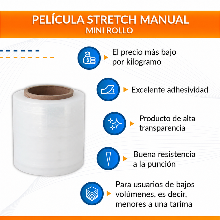Características del mini rollo de película stretch sin mango: adhesividad, transparencia y resistencia a la punción.
