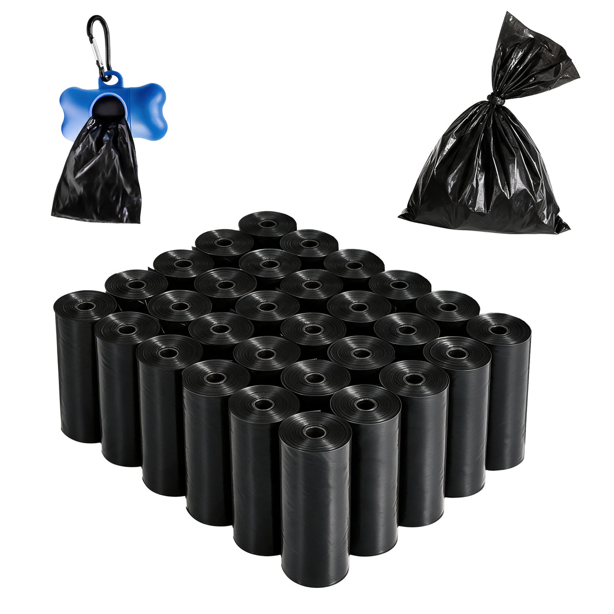 Rollos de bolsas negras con despachador azul; fotografía de referencia del producto