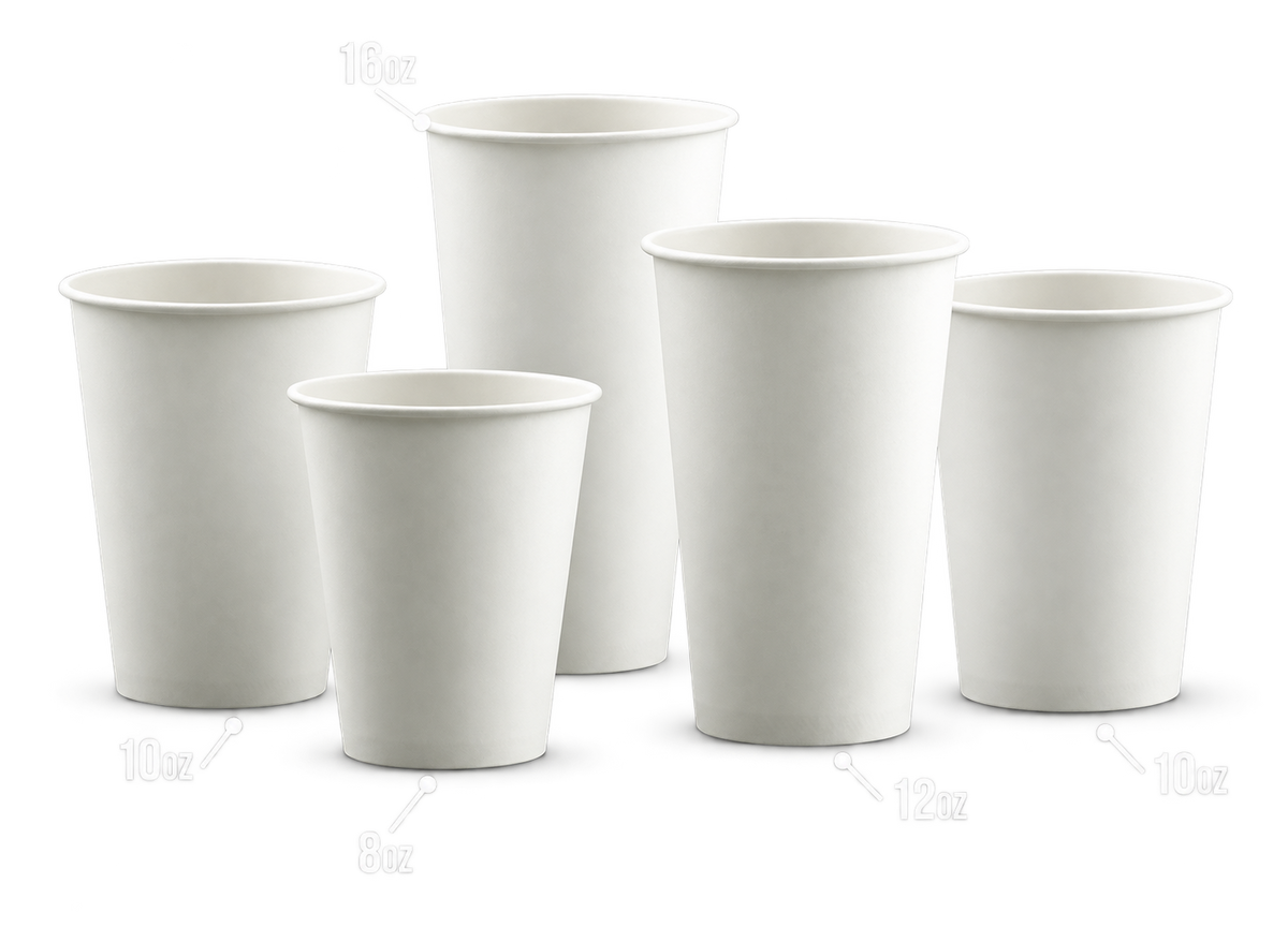 Vasos de papel blancos Reyma de distintas capacidades, sin tapas
