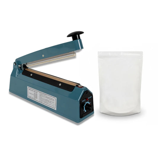 Kit Máquina Selladora de Impulso 200mm + 100 Bolsas Stand Up Pouch con zipper 18x26cm