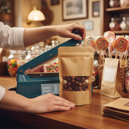 Kit Máquina Selladora de Impulso 200mm + 100 Bolsas Stand Up Pouch Kraft con zipper y ventana