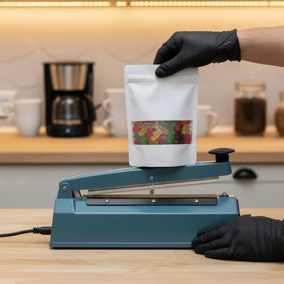 Kit Máquina Selladora de Impulso 300mm + 100 Bolsas Stand Up Pouch Blancas Metalizadas con Ventana