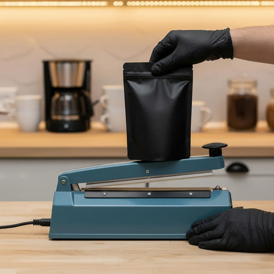 Kit Máquina Selladora de Impulso 300mm + 100 Bolsas Stand Up Pouch Negras Metalizadas