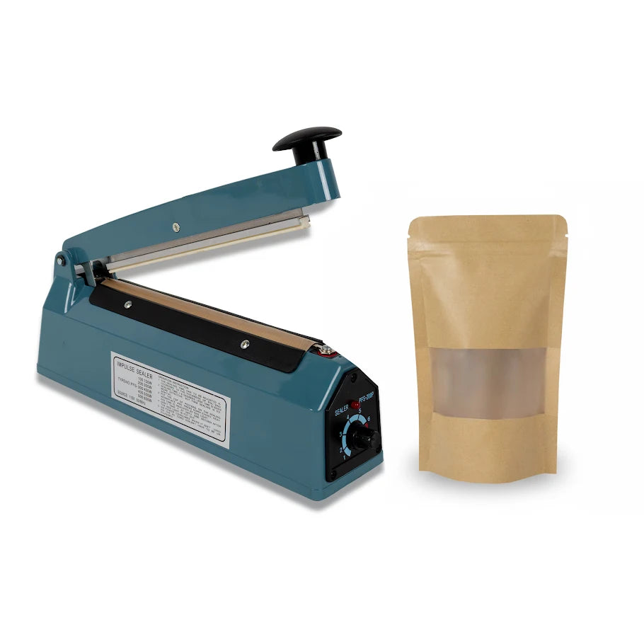 Kit Máquina Selladora de Impulso 200mm + 100 Bolsas Stand Up Pouch Kraft con zipper y ventana
