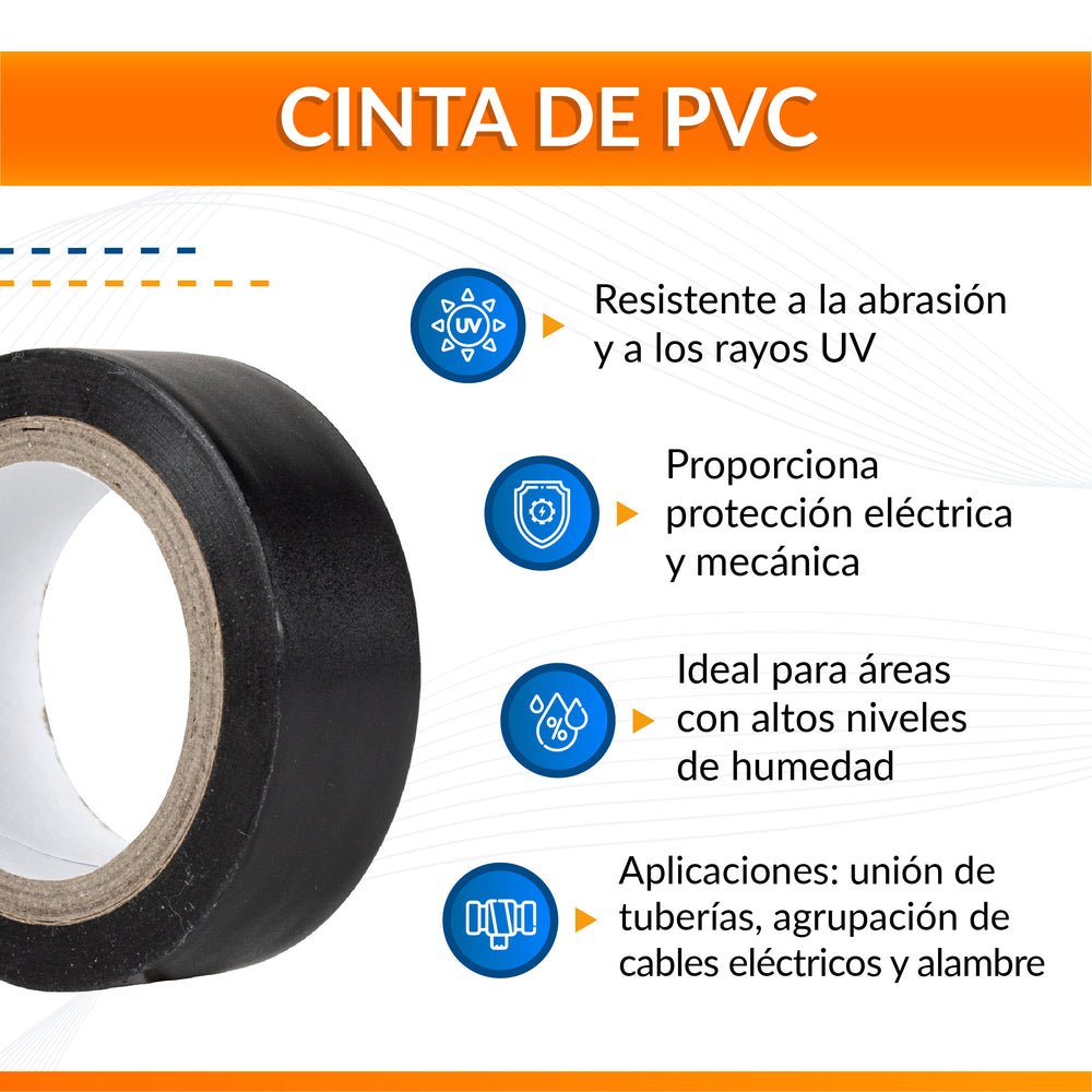 Infografía de cinta de aislar 19 mm x 8 mts con información sobre sus características y uso.