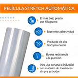 Infografía de packsys Película Stretch Automática Transparente con información sobre sus características y uso.