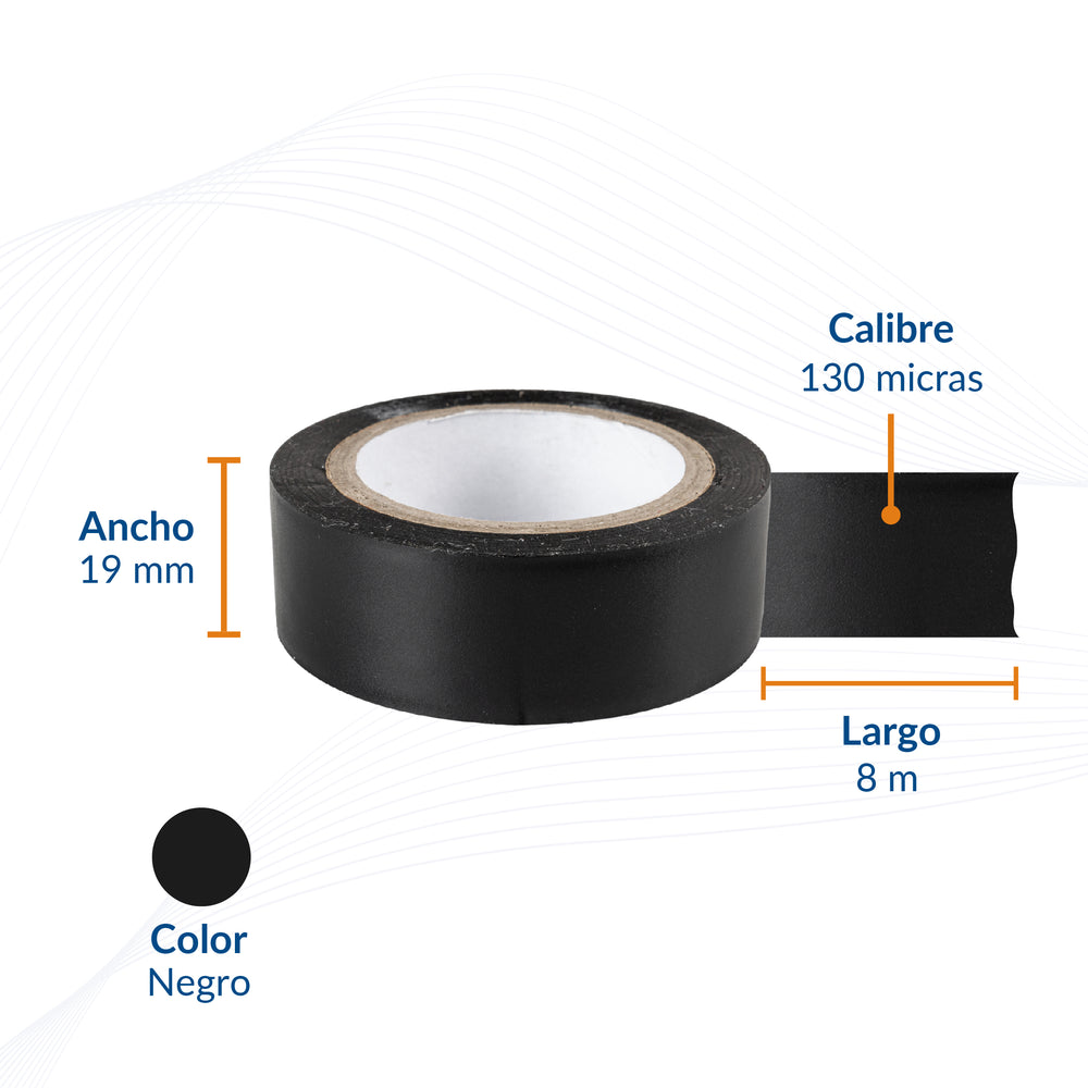Diagrama de cinta de aislar 19 mm x 8 mts con indicaciones de ancho, largo y calibre.