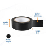 Diagrama de cinta de aislar 19 mm x 8 mts con indicaciones de ancho, largo y calibre.